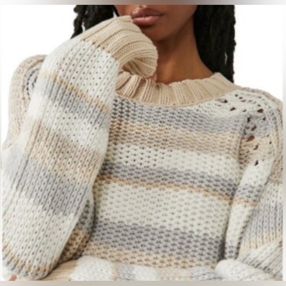 NWT Free People Devon cropped open knit sweater stripes natural colors size M - Picture 2 of 9